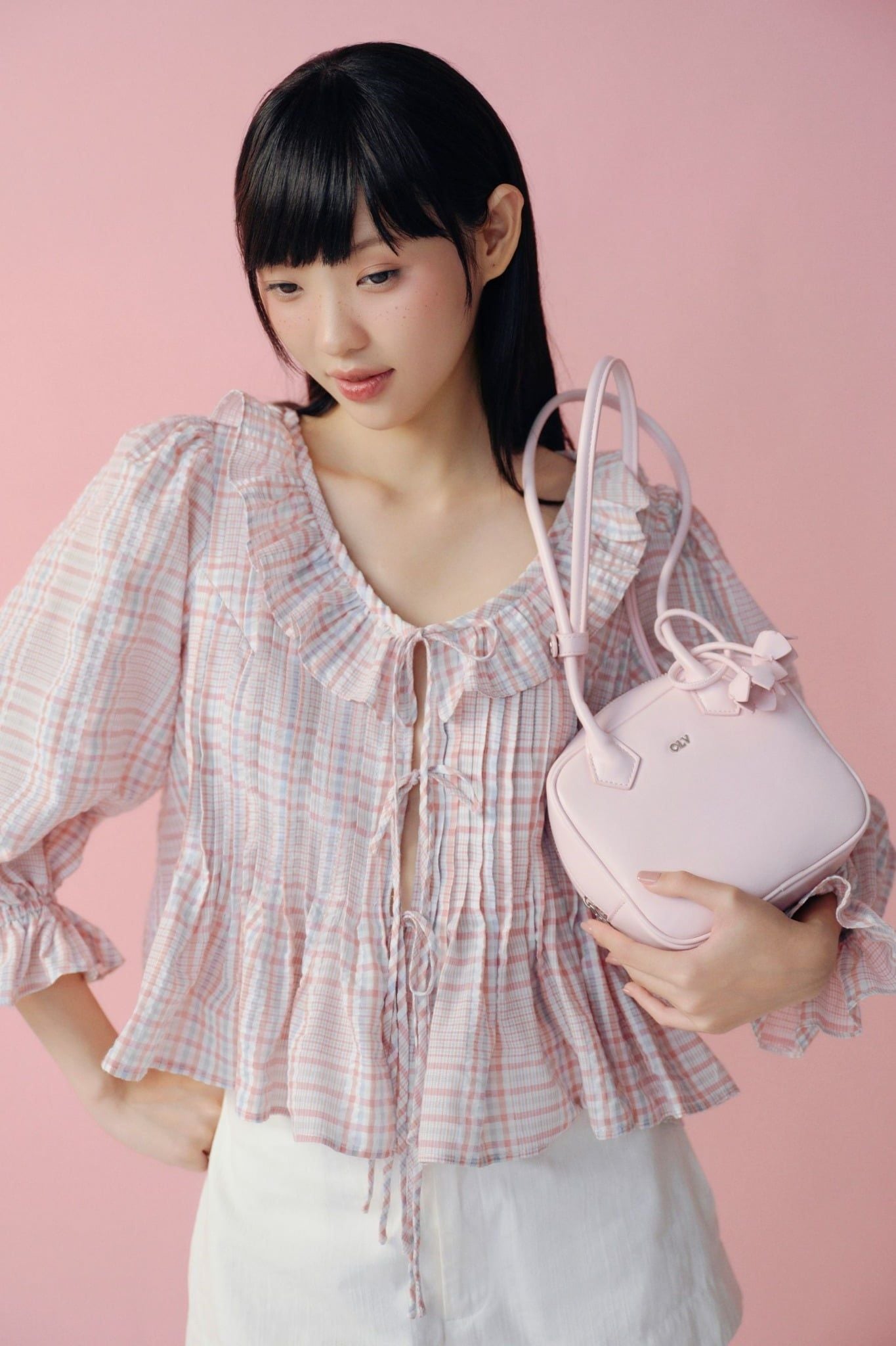 Áo babydoll Pink Cotton Ruffled Tie Front Shirt