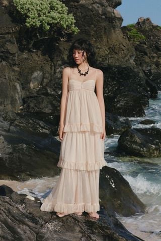 Váy maxi 2 dây Cream Chiffon Ruffled Tiered Maxi Dress