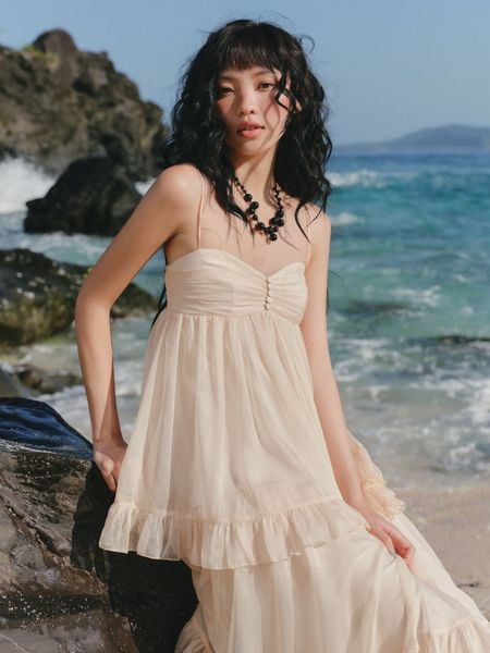  Váy maxi 2 dây Cream Chiffon Ruffled Tiered Maxi Dress 