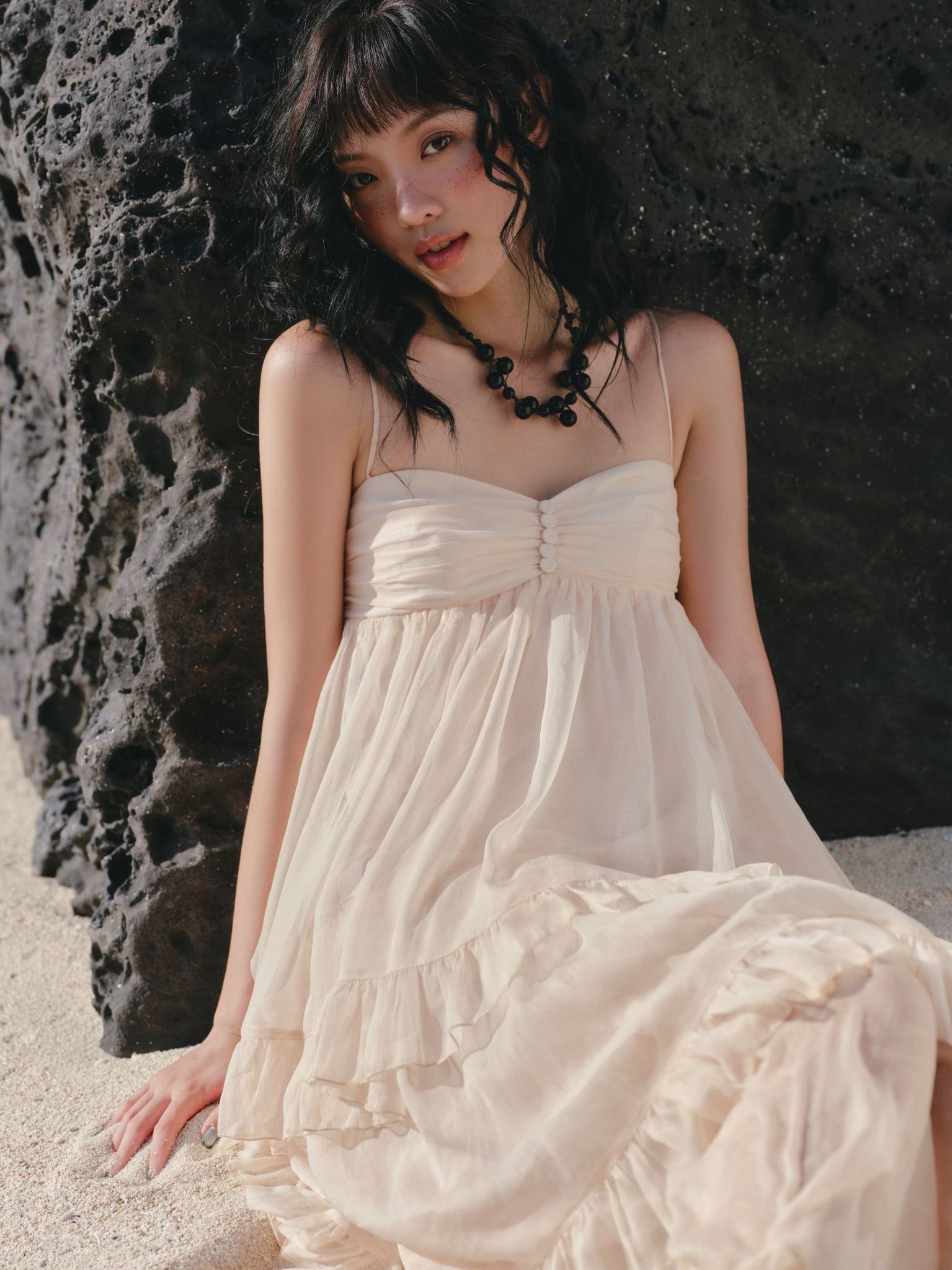 Váy maxi 2 dây Cream Chiffon Ruffled Tiered Maxi Dress