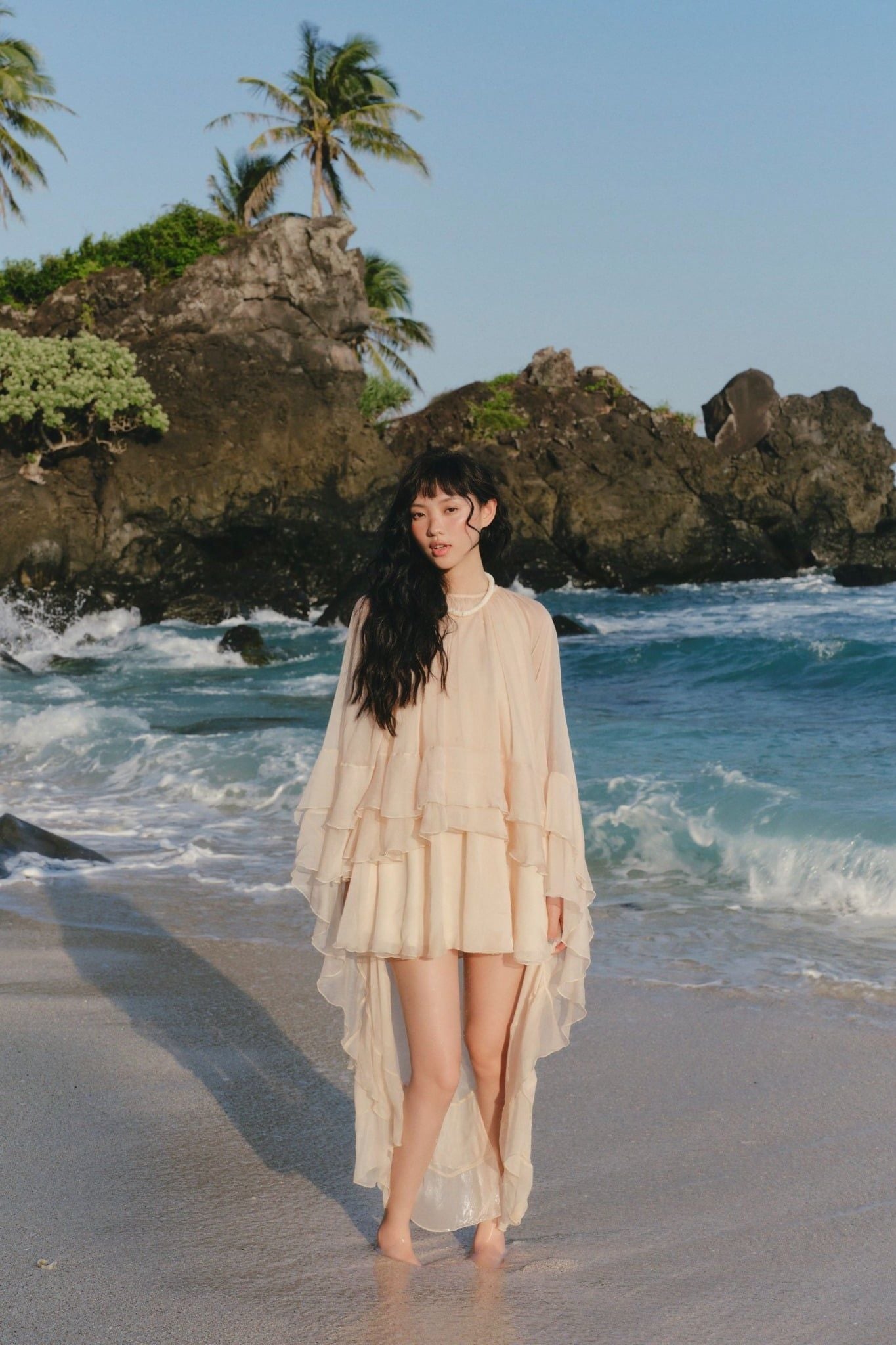 Váy đi tiệc Cream Chiffon High Low Ruffle Mini Dress