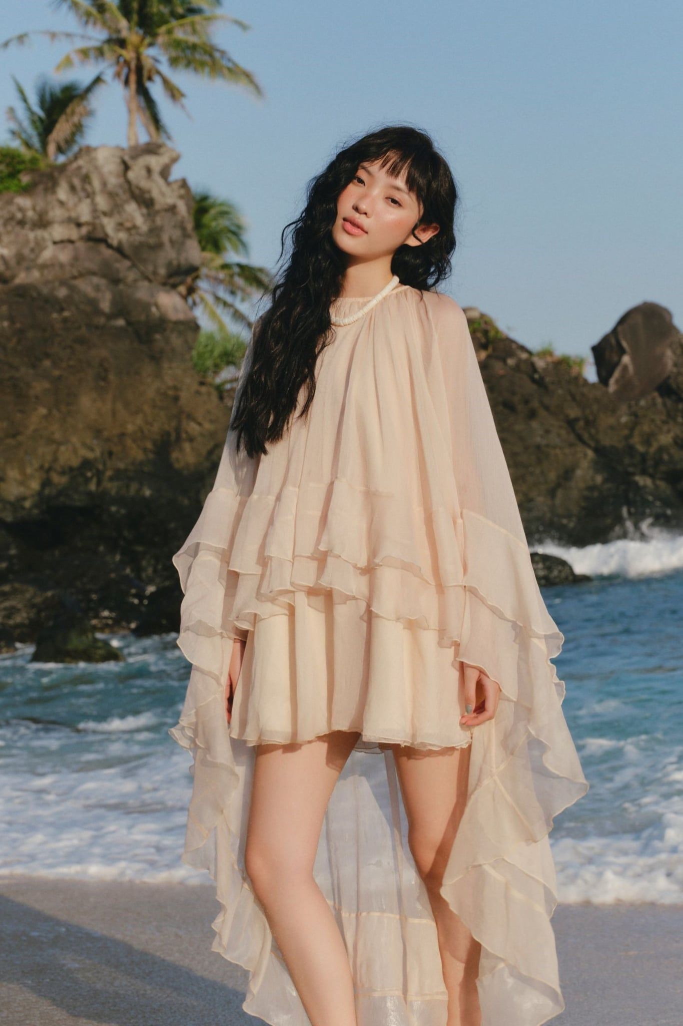 Váy đi tiệc Cream Chiffon High Low Ruffle Mini Dress