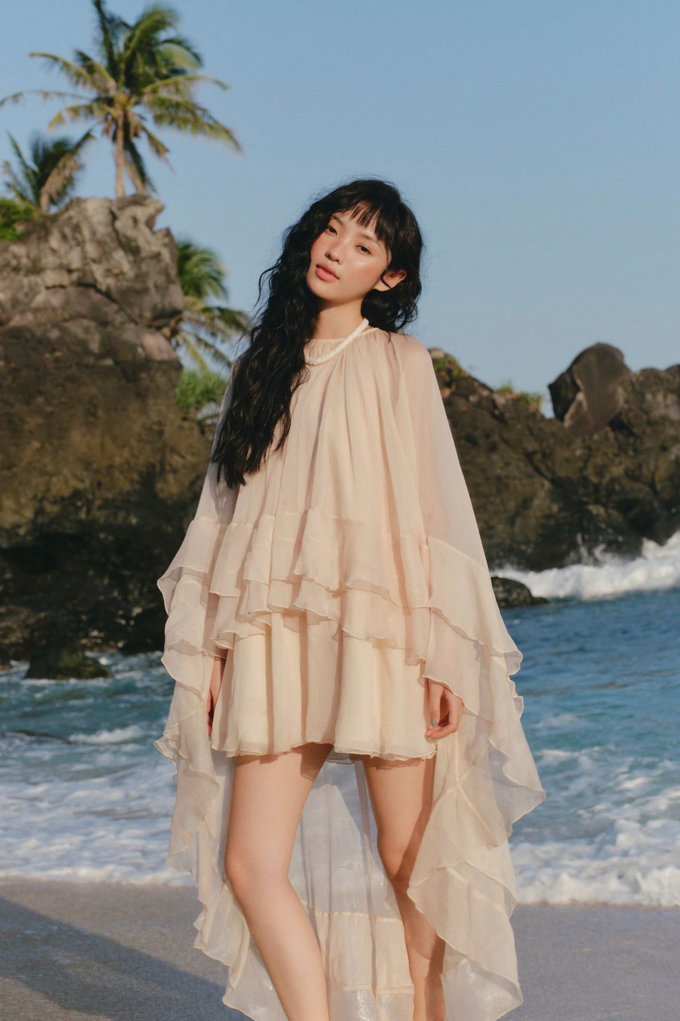 Váy đi tiệc Cream Chiffon High Low Ruffle Mini Dress