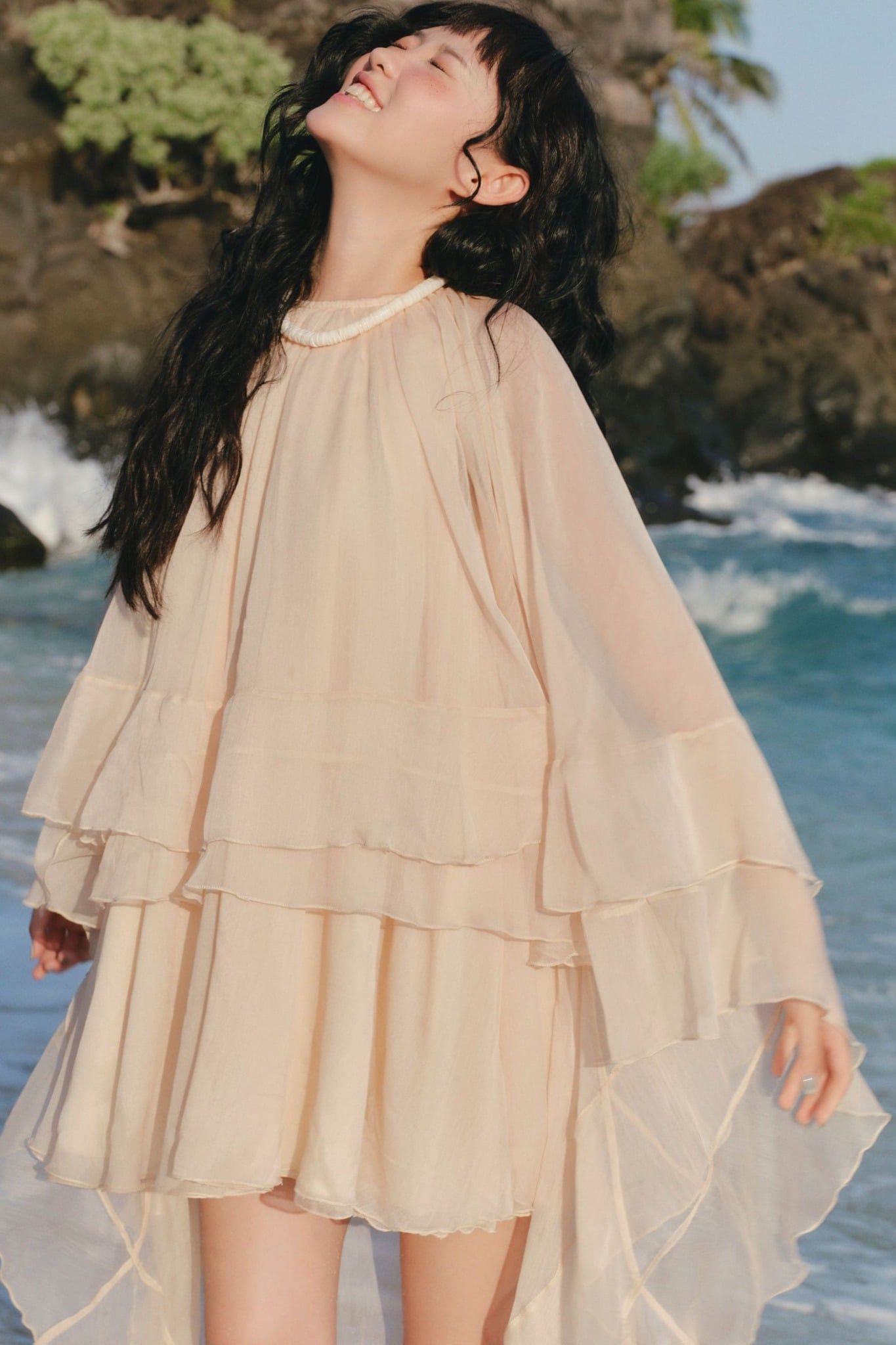 Váy đi tiệc Cream Chiffon High Low Ruffle Mini Dress