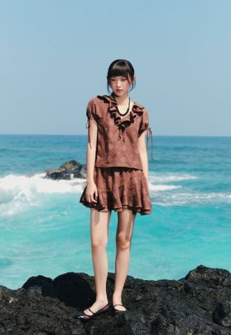 Set áo và chân váy Brown Jacquard Ruffled Set