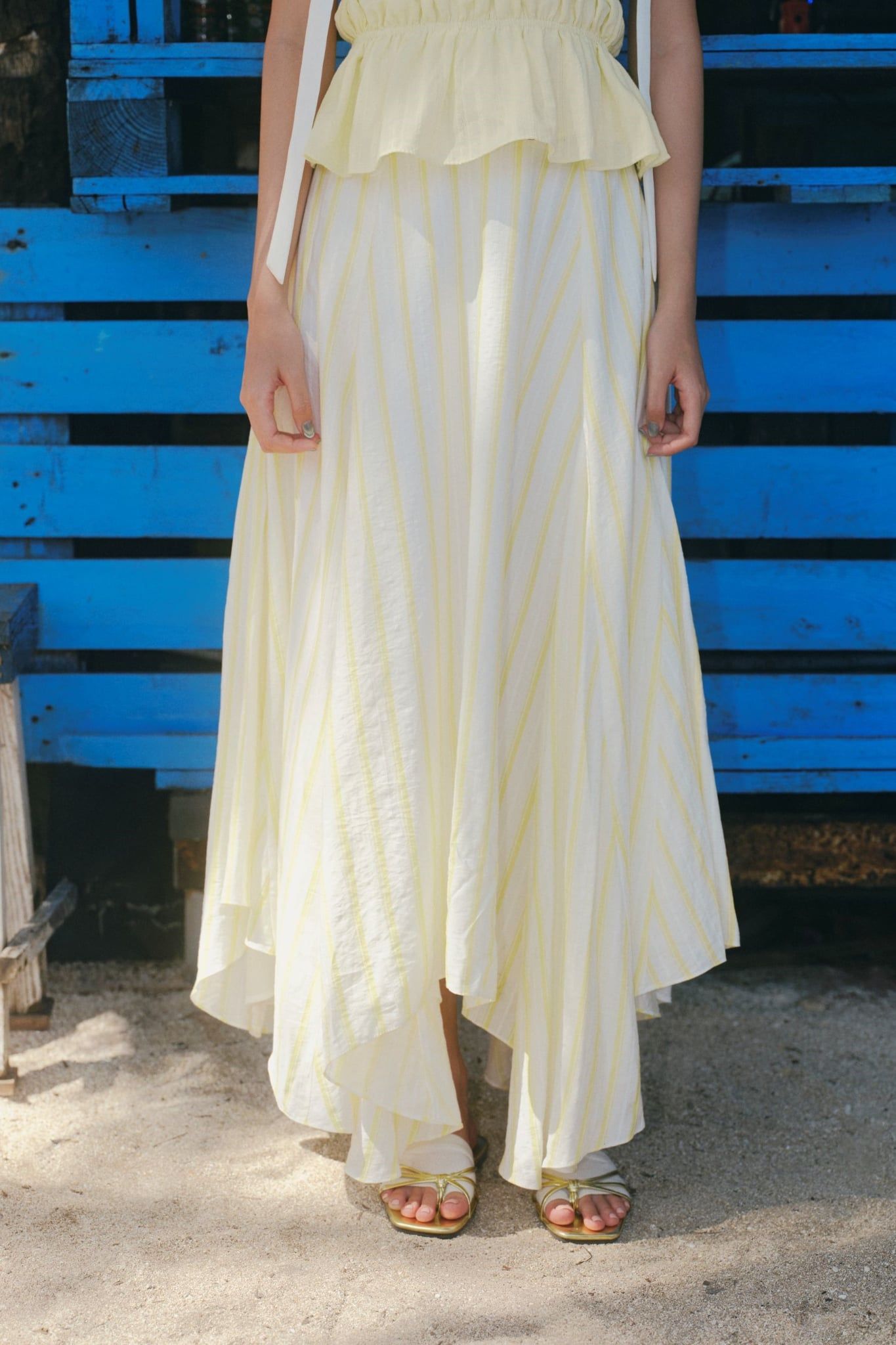 Chân váy dài Yellow Striped High Low Maxi Skirt