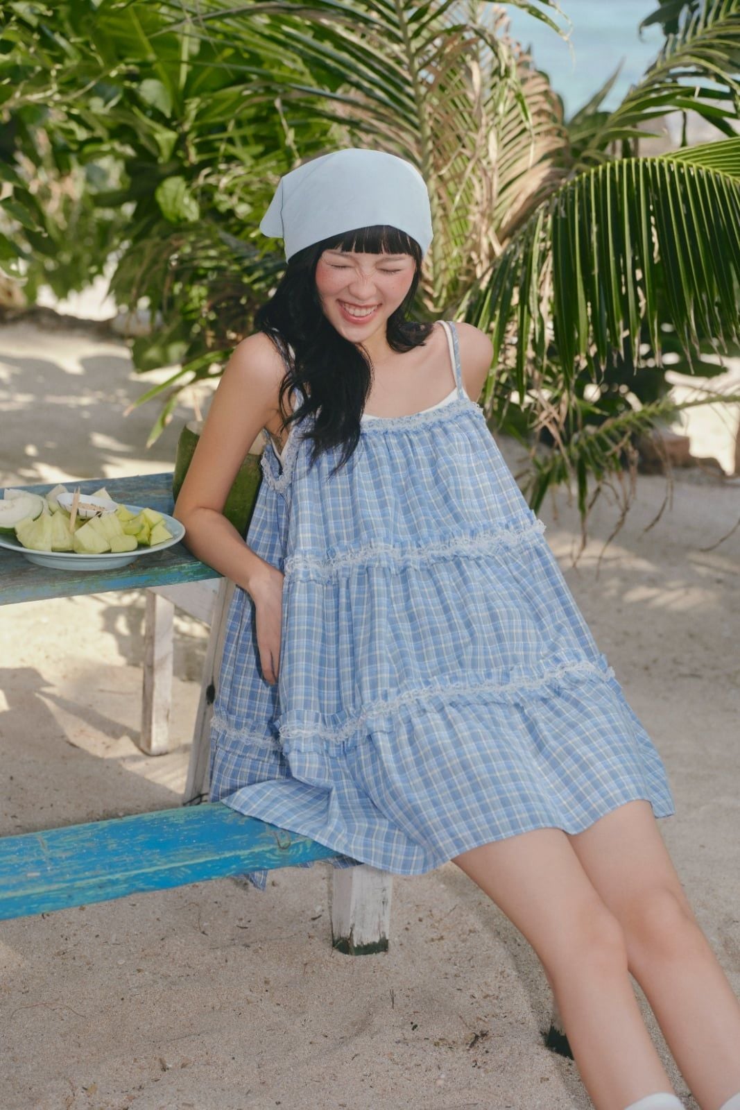 Váy hai dây caro nhún bèo Blue Plaid Kate Layered Mini Dress