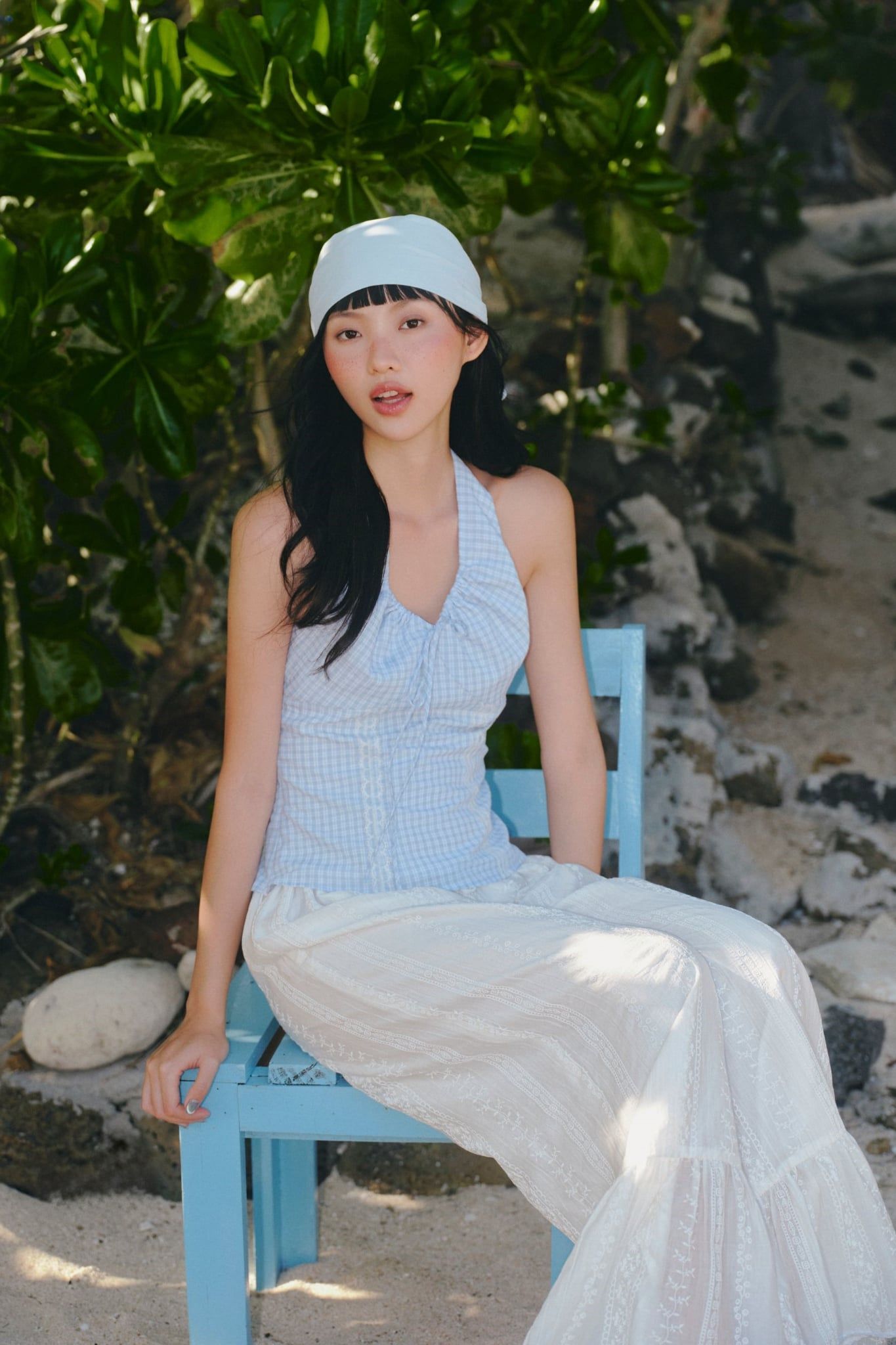 Áo cổ yếm Blue Cotton Halter Neck Ribbed Top