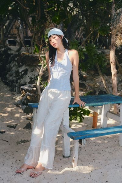  Áo cổ yếm Blue Cotton Halter Neck Ribbed Top 