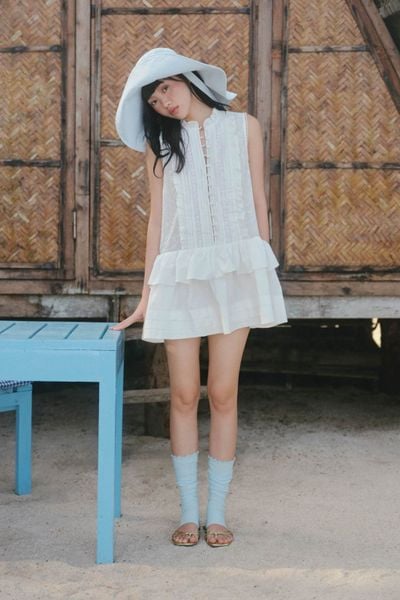  Váy sát nách phối bèo White Gauze Layered Ruffled Mini Dress 