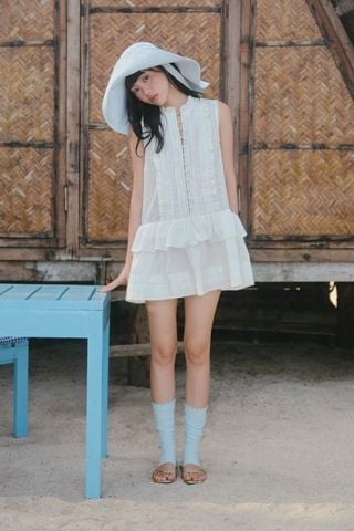 Váy sát nách phối bèo White Gauze Layered Ruffled Mini Dress