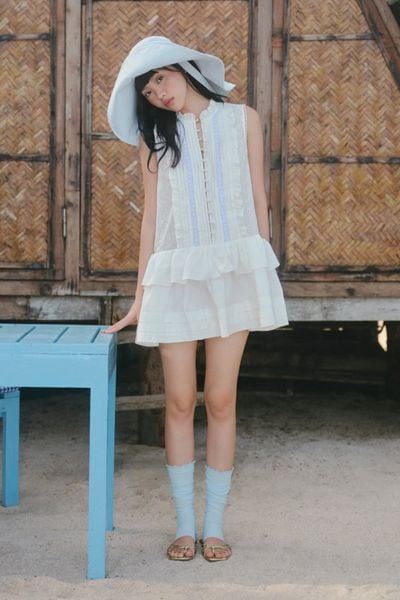  Váy sát nách phối bèo White Gauze Layered Ruffled Mini Dress 