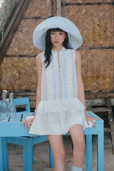  Váy sát nách phối bèo White Gauze Layered Ruffled Mini Dress 