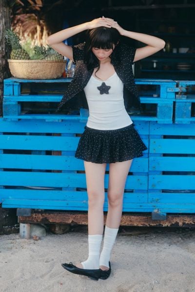  Chân váy tơ chấm bi Black Dot Chiffon Tiered Mini Skirt 