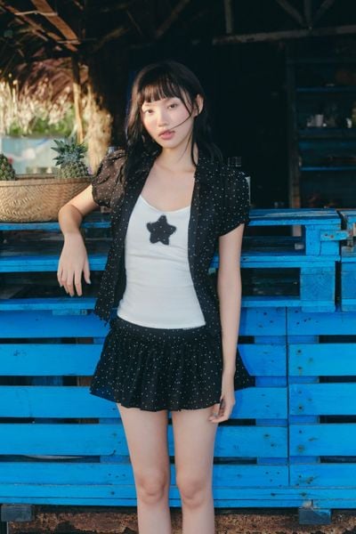  Chân váy tơ chấm bi Black Dot Chiffon Tiered Mini Skirt 