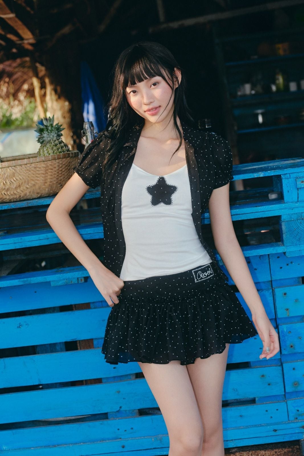 Chân váy tơ chấm bi Black Dot Chiffon Tiered Mini Skirt