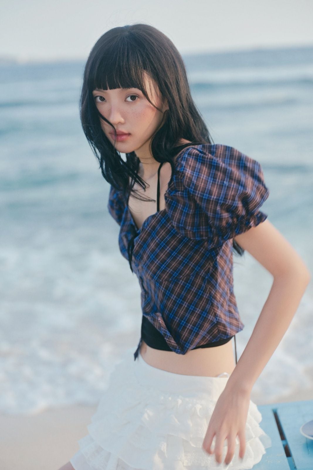 Áo Trễ Vai Tay Phồng Brown Plaid Cotton Puff Square Top