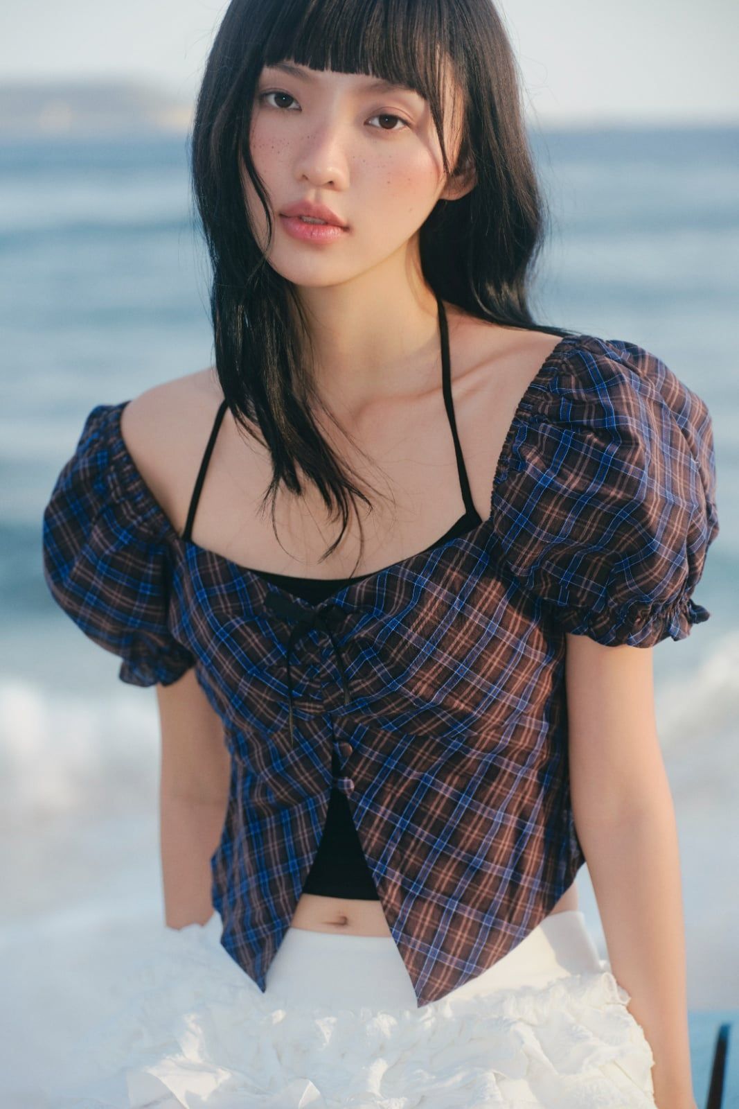 Áo Trễ Vai Tay Phồng Brown Plaid Cotton Puff Square Top