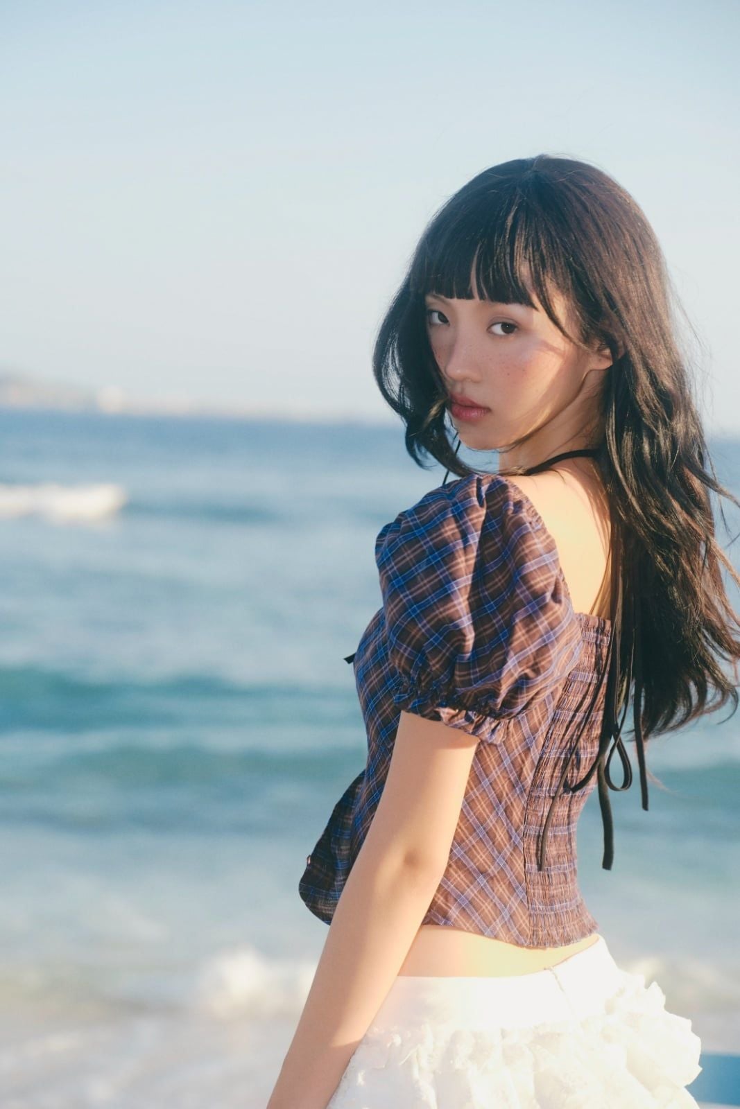 Áo Trễ Vai Tay Phồng Brown Plaid Cotton Puff Square Top