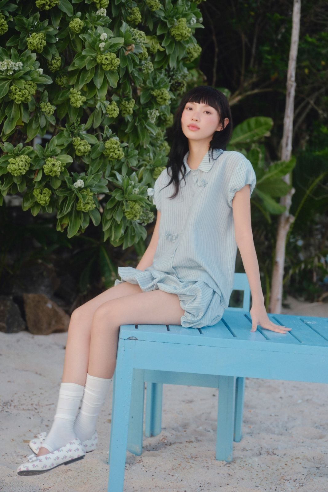 Set bí sơ mi Blue Striped Cotton Buttoned Shirt Collar