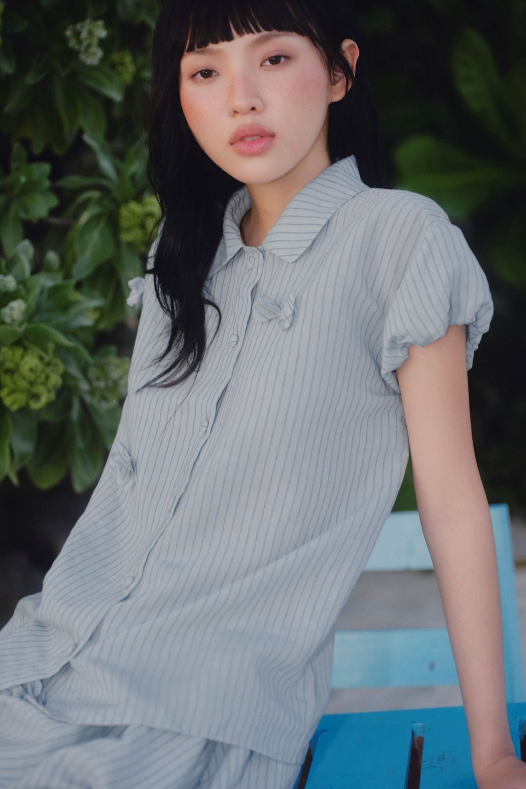 Set áo và chân váy bí sơ mi Blue Striped Cotton Buttoned Shirt Collar