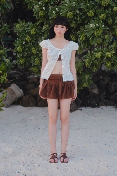  Áo tay phồng Cream Crinkle Cotton Puff Top 