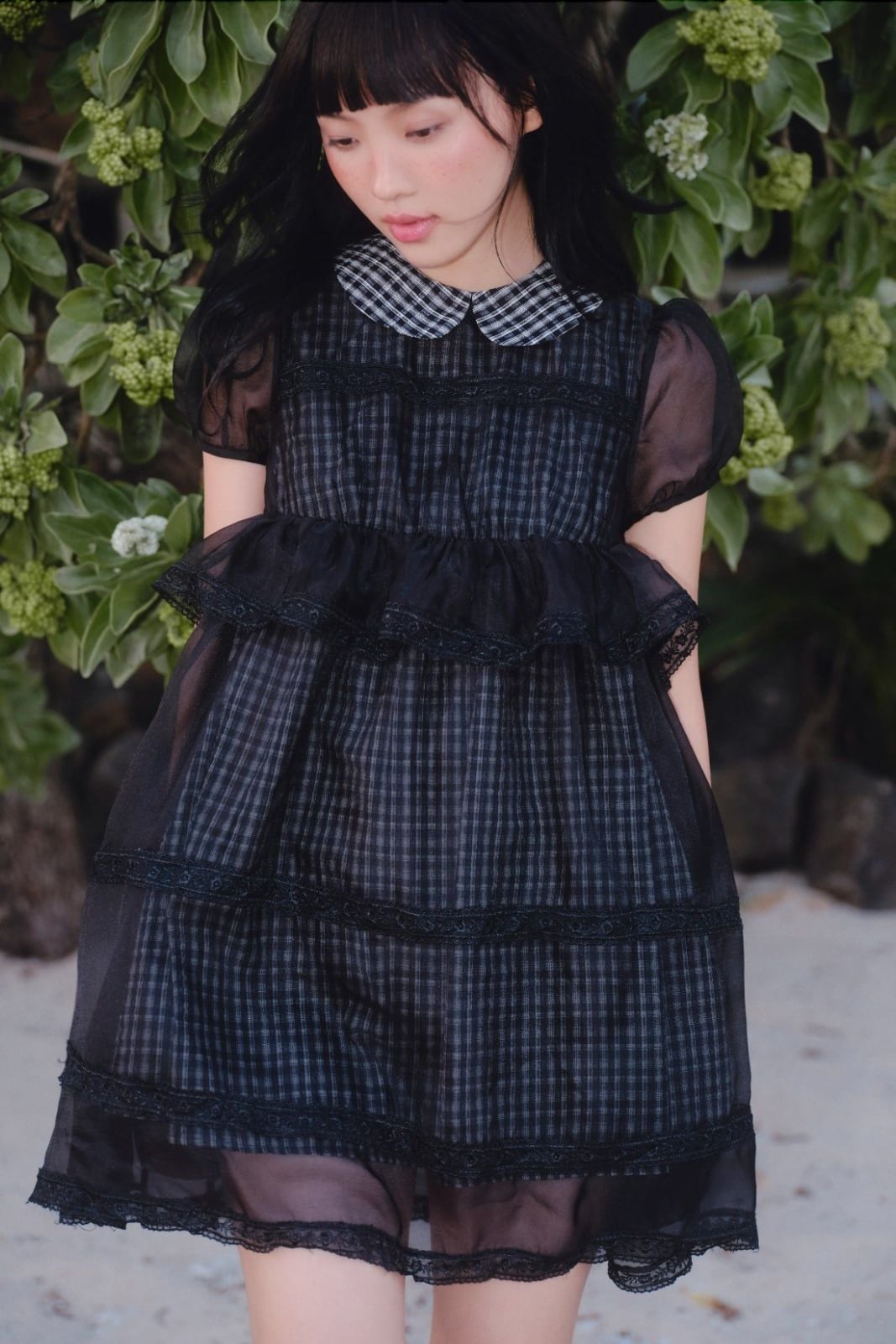 Váy suông cổ sen caro phối tơ Black Checked Chiffon Puff Layered Mini Dress
