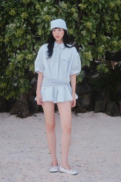  Set sơ mi kẻ sọc Blue Cotton Collar Puff Sleeves 