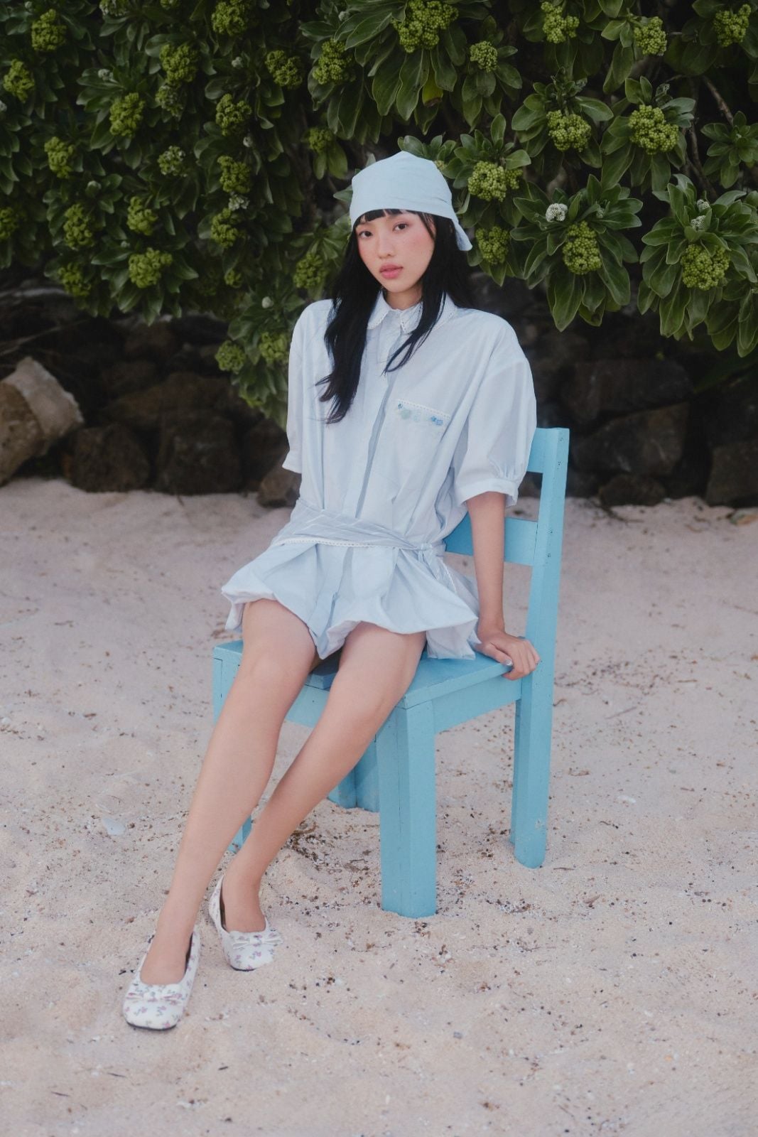 Set sơ mi kẻ sọc Blue Cotton Collar Puff Sleeves