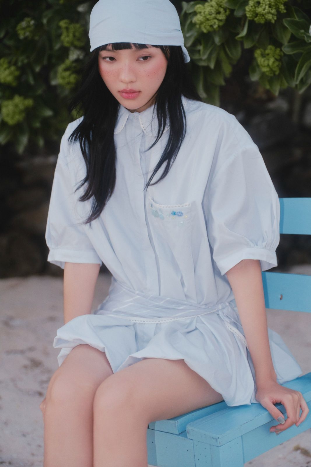 Set sơ mi kẻ sọc Blue Cotton Collar Puff Sleeves