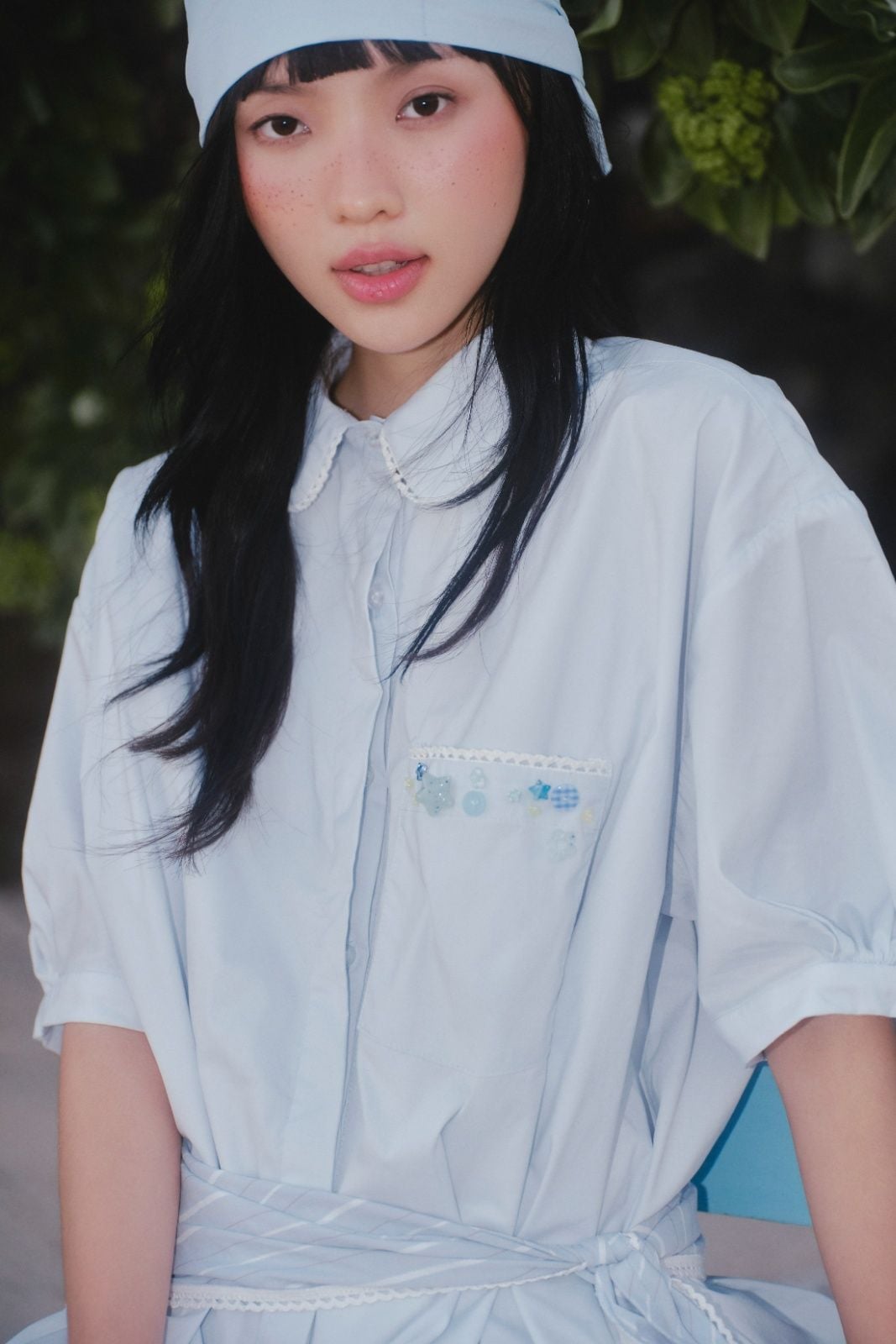 Set sơ mi kẻ sọc Blue Cotton Collar Puff Sleeves