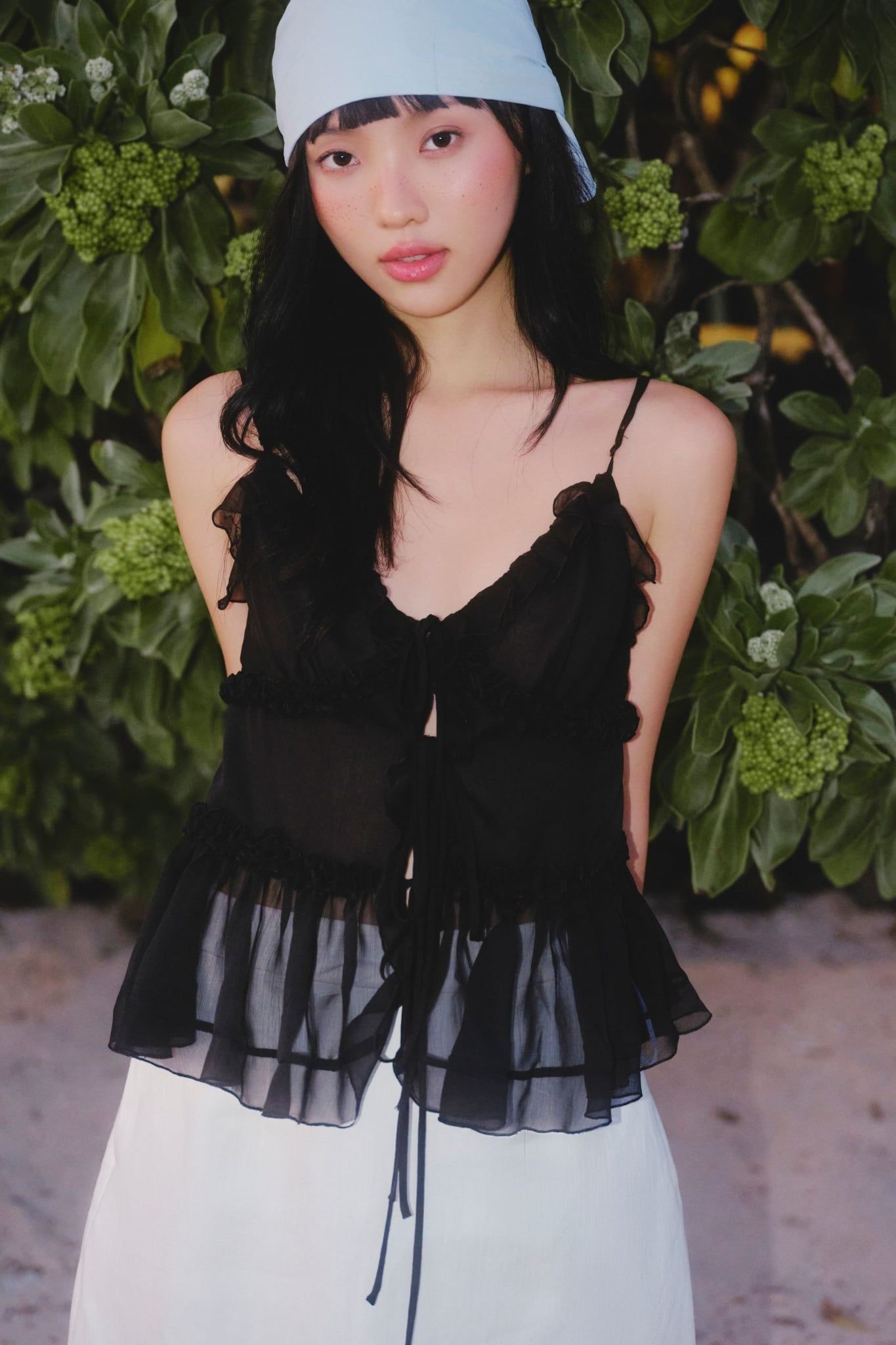 Áo kiểu hai dây Black Chiffon Cami Ruffled Top