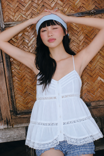  Áo hai dây White Cotton Cami Pleated Ruffled Top 