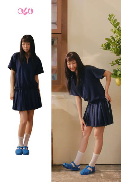  Navy V Neck Pleated Mini Set 