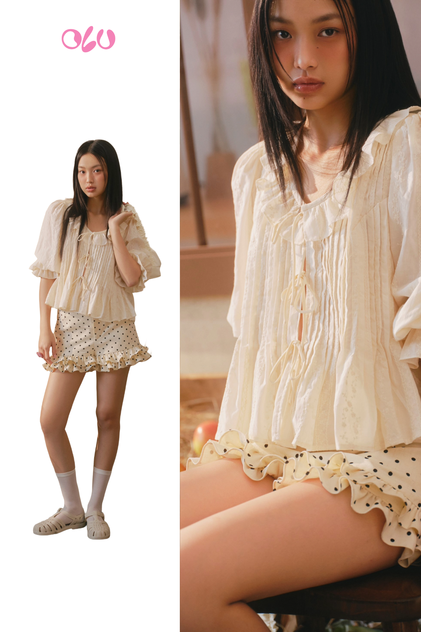 Áo Beige Cotton Ruffled Tie Front Shirt