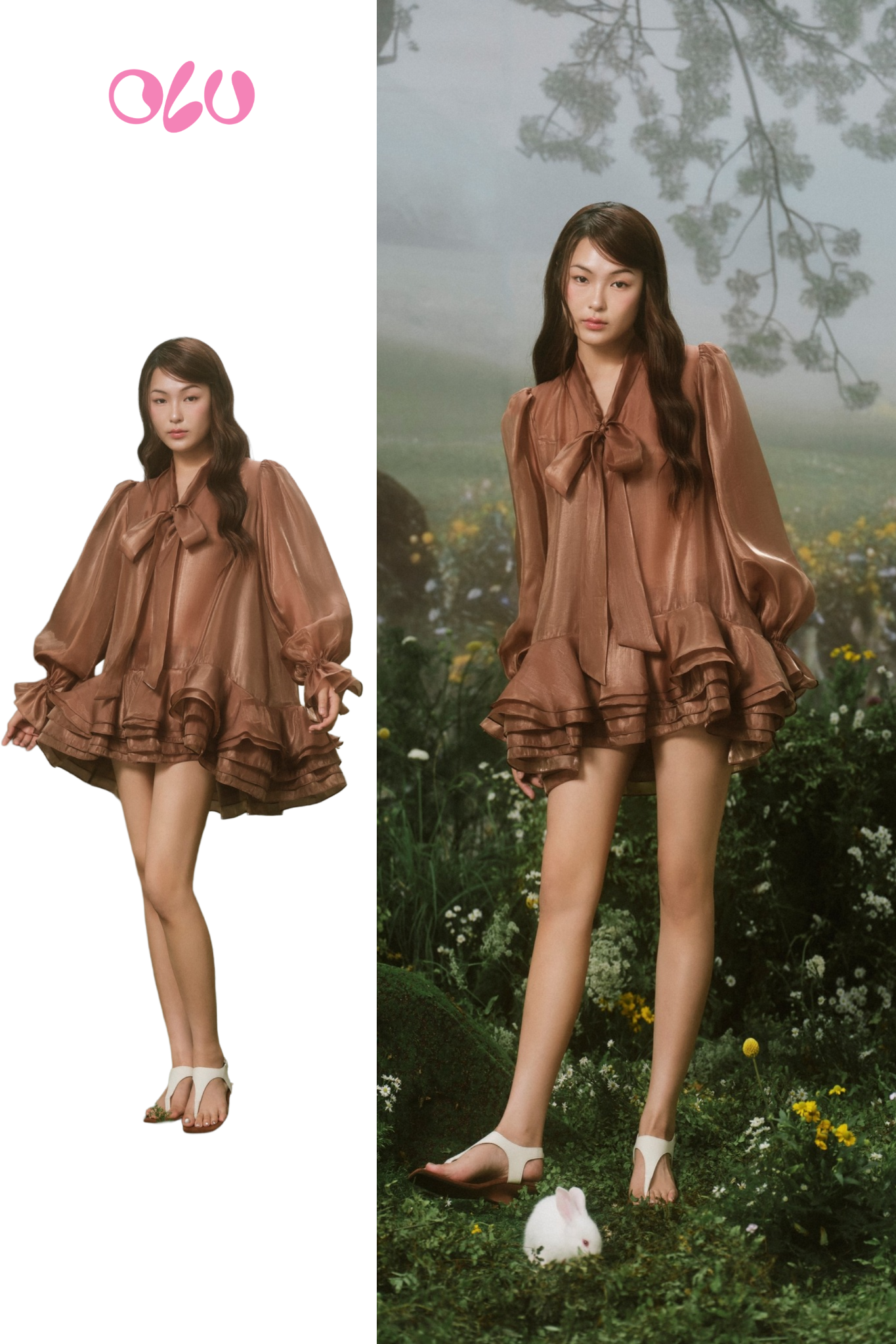 Brown Chiffon Bowy Oversized Mini Dress