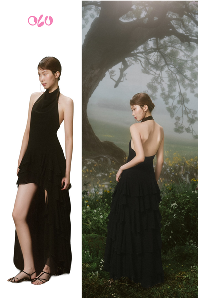  Black Ruffled High Low Hem Halter Neck Dress 