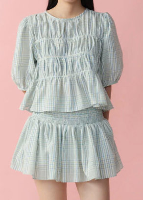  Green Striped Ruffled Puff Sleeve Set 