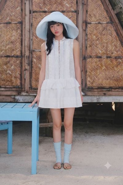  Váy sát nách phối bèo White Gauze Layered Ruffled Mini Dress 