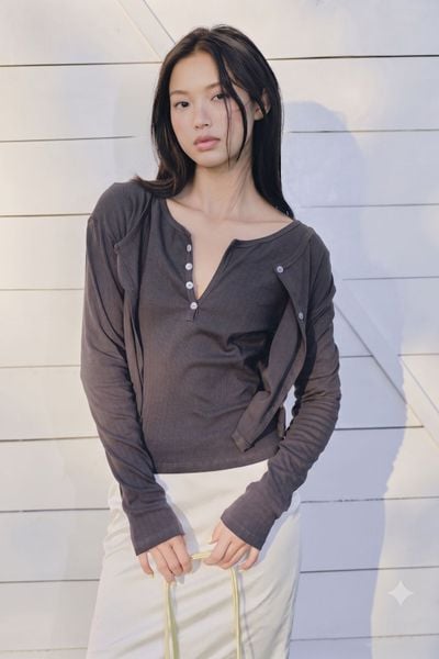  Áo cardigan dáng ngắn Gray Plain Buttoned Crop Cardigan 