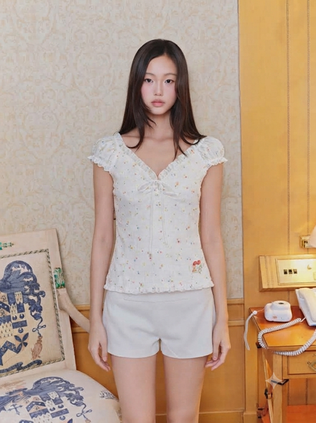  Áo cánh tiên phối bèo nhún ngực White Fleur Cotton Sweetheart Top 