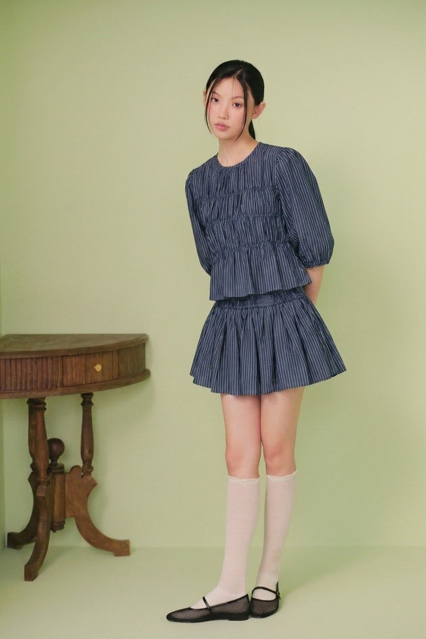Set áo babydoll và chân váy Striped Ruffled Puff Sleeve Set nhiều màu