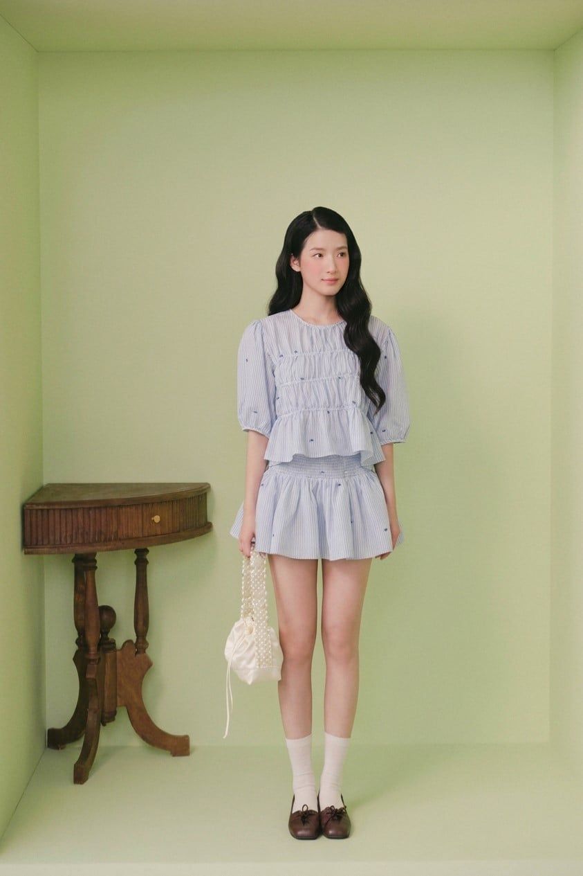 Set áo babydoll và chân váy Striped Ruffled Puff Sleeve Set nhiều màu