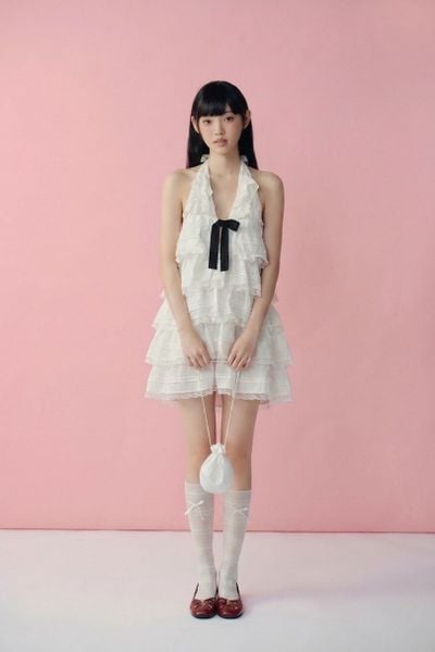  Váy tiệc cổ yếm White Cotton Halter Tiered Mini Dress 