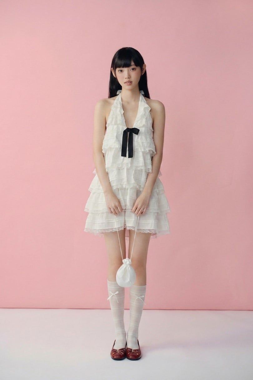 Váy tiệc cổ yếm White Cotton Halter Tiered Mini Dress