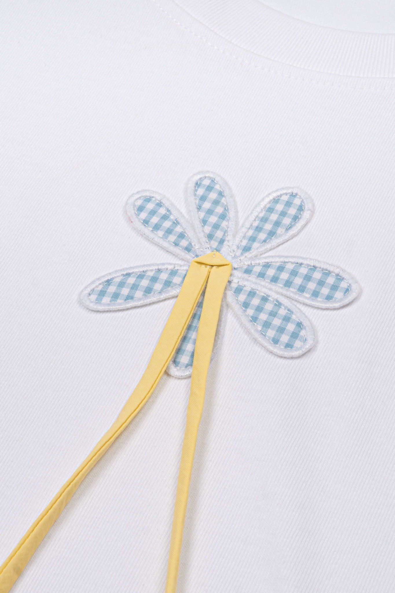 Áo White Blue Appliqué Flower Cotton Short Sleeve T Shirt