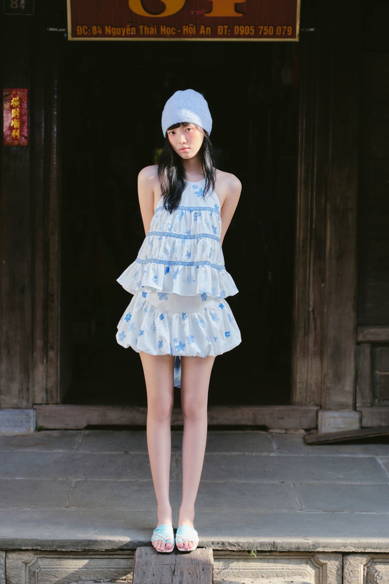 Set yếm White Blue Fleur Halter Tiered Set