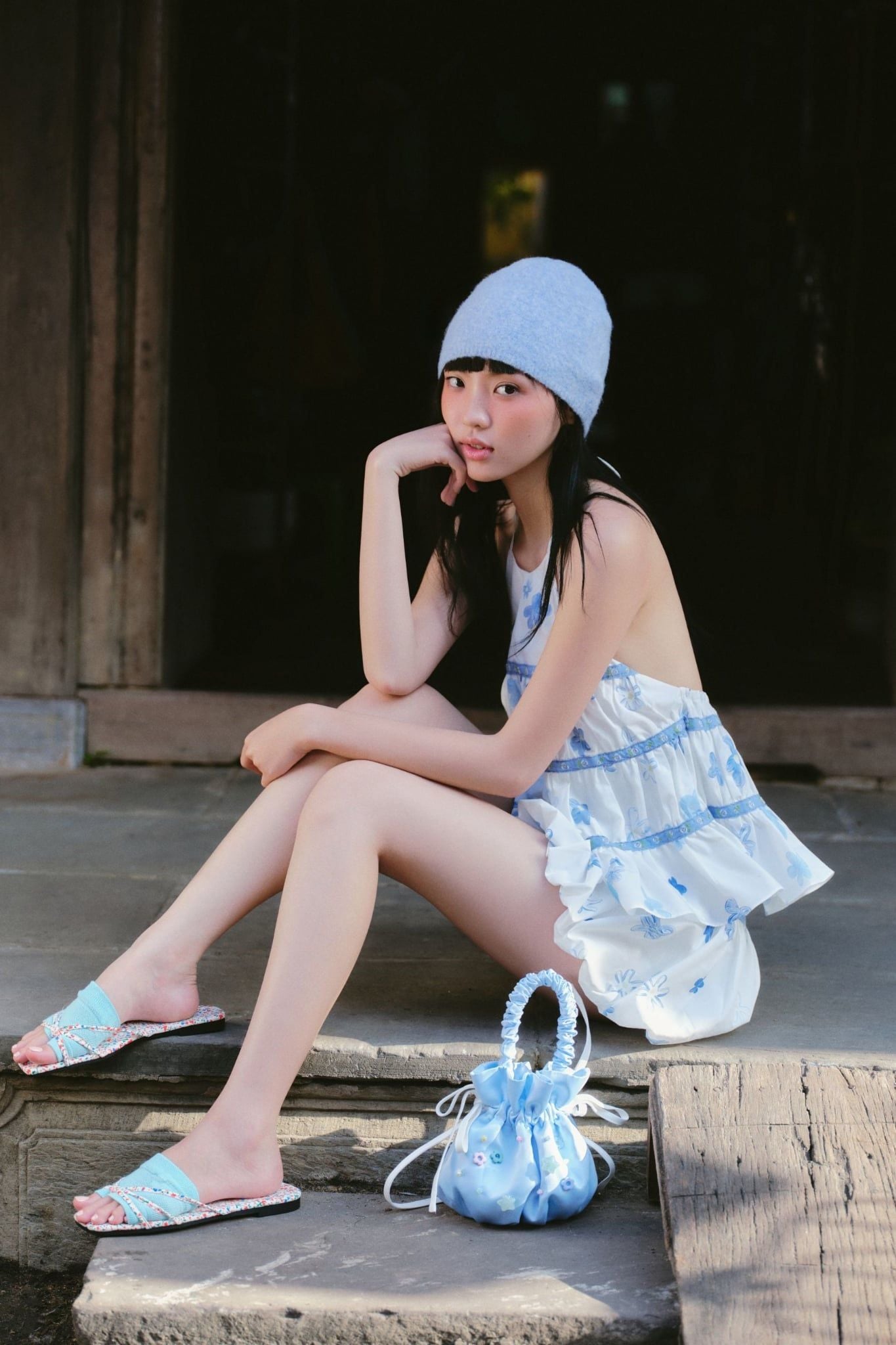 Set yếm White Blue Fleur Halter Tiered Set