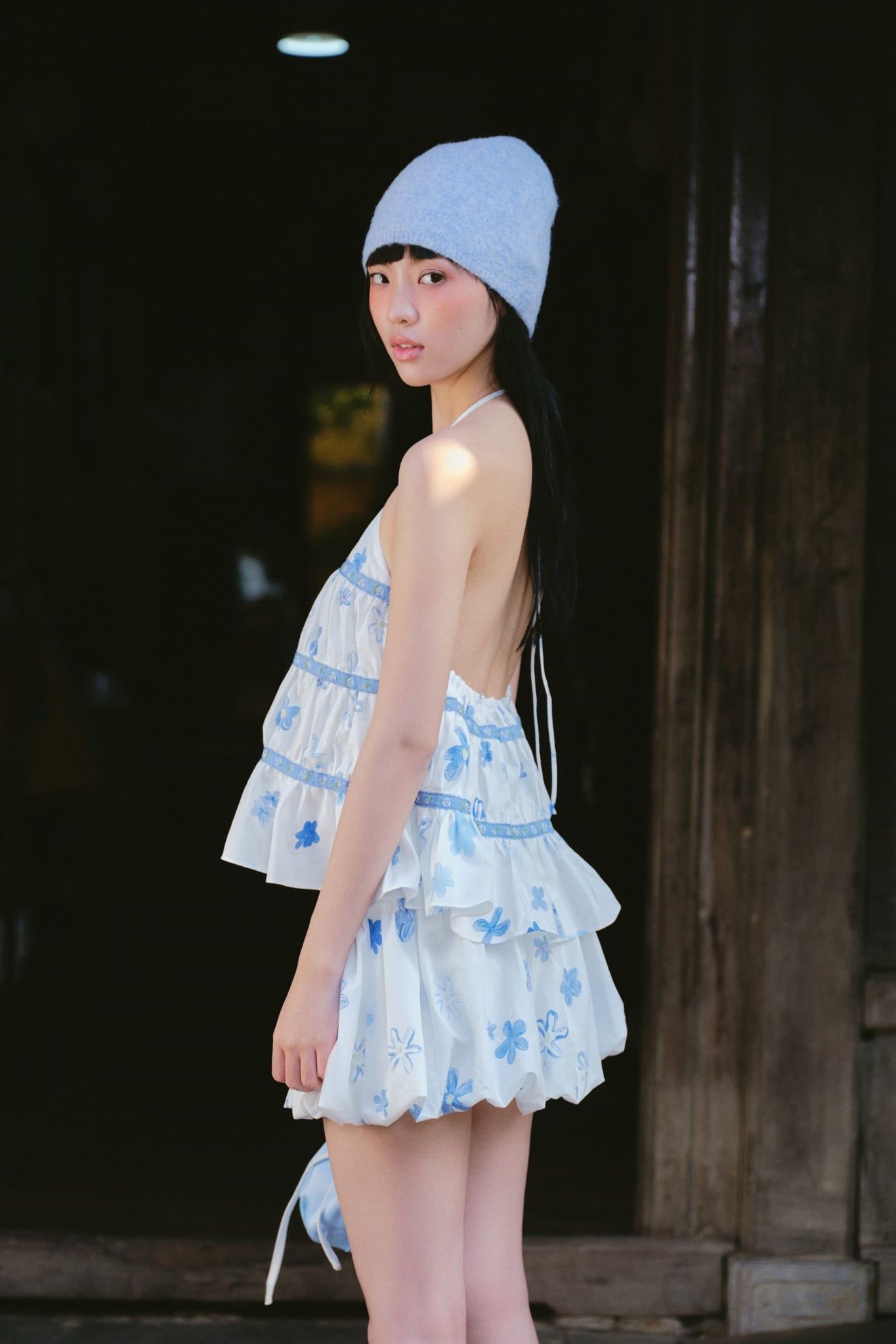 Set yếm White Blue Fleur Halter Tiered Set