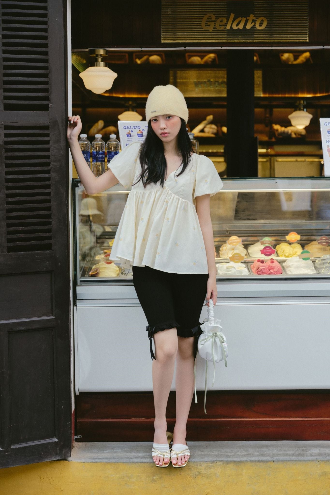 Quần Black Cotton Ribbon Bow Shorts
